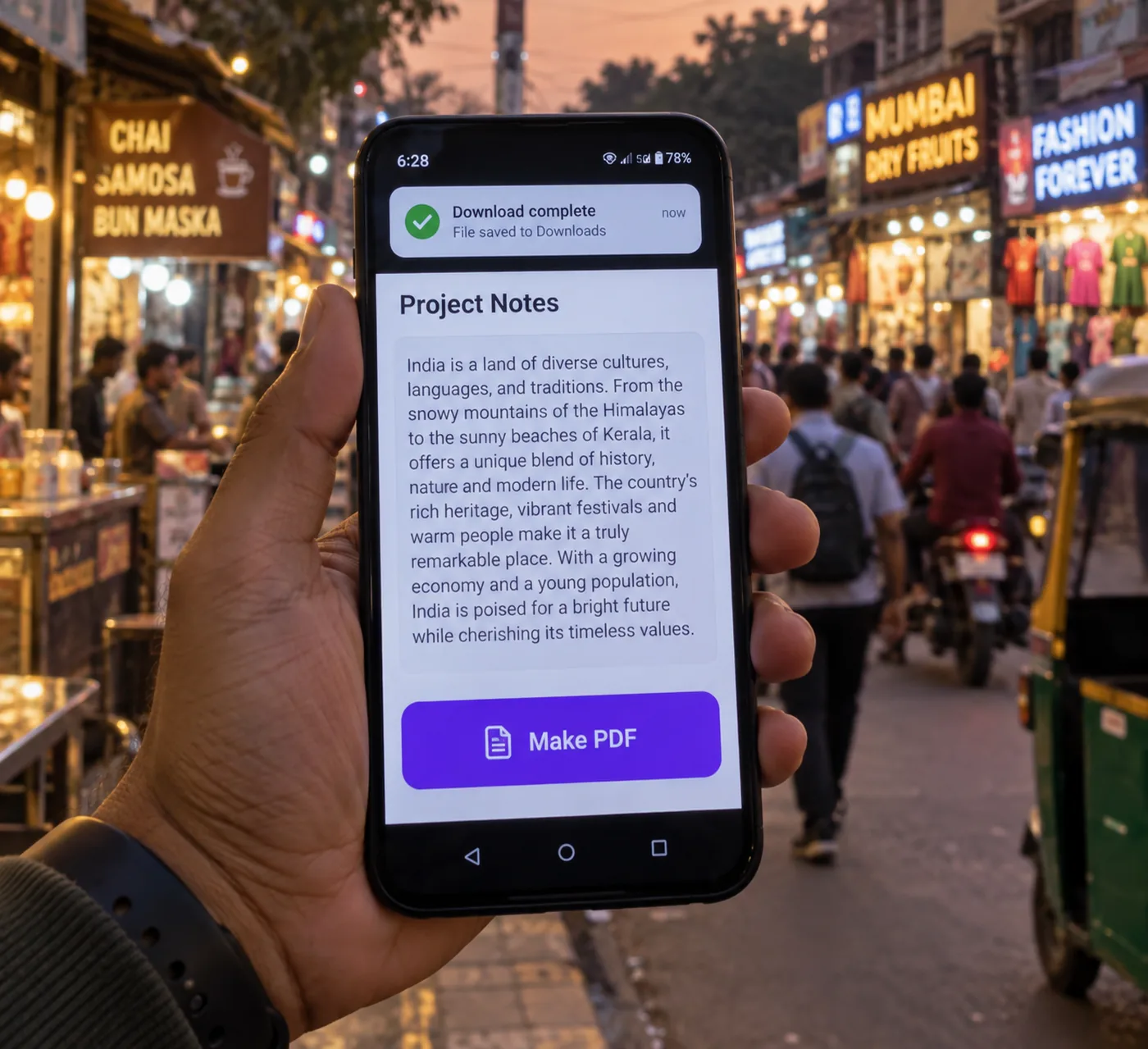 A hand holding a phone on a busy street at dusk; the screen shows a pasted block of text with a heading line, a large Make PDF button, and a downloaded-file notification at the top; shop lights and traffic blurred behind.