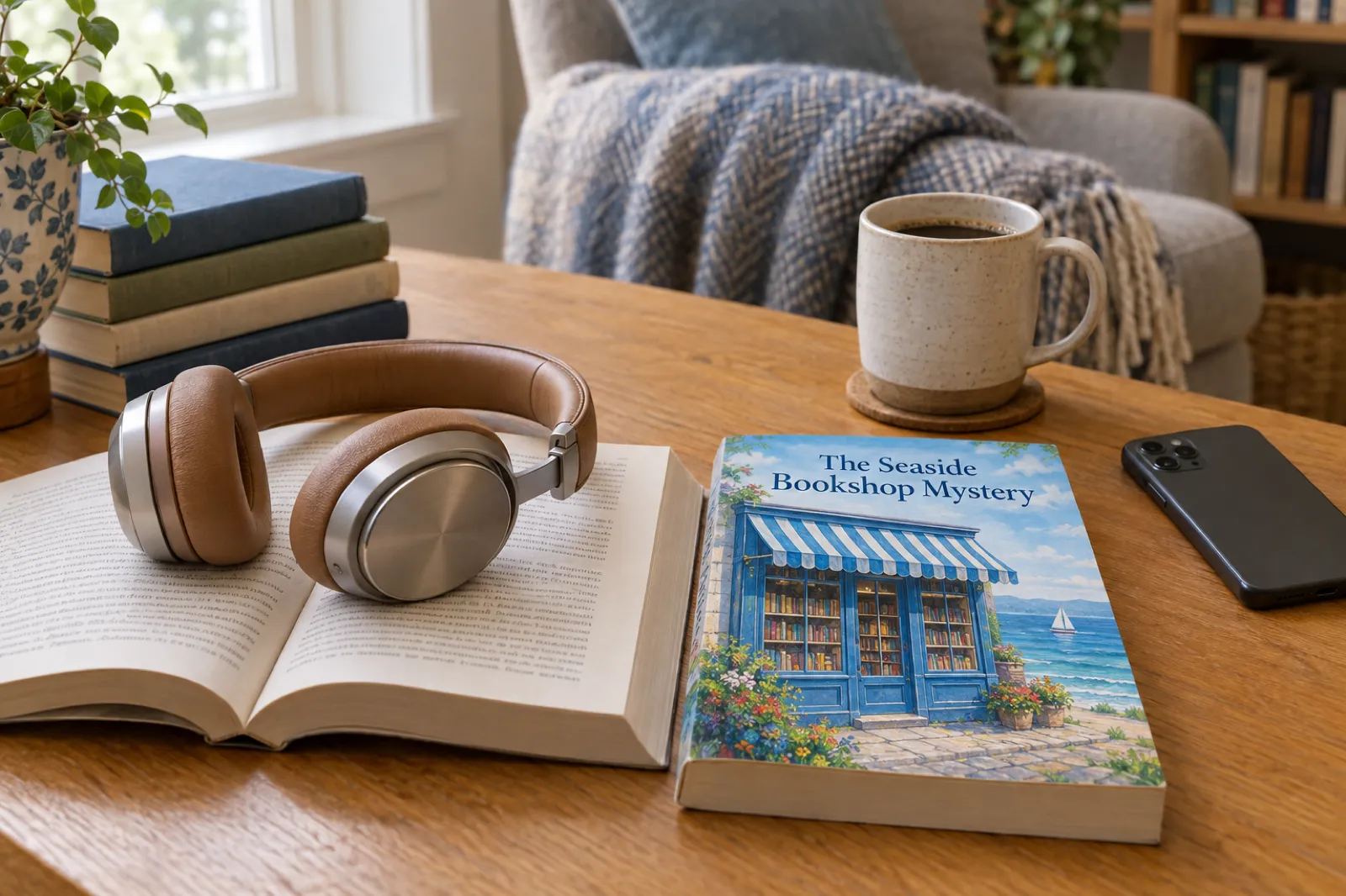 Tan leather headphones resting on an open paperback beside a copy of The Seaside Bookshop Mystery, a phone lying face down and a mug of coffee, with a reading chair and a wool throw behind