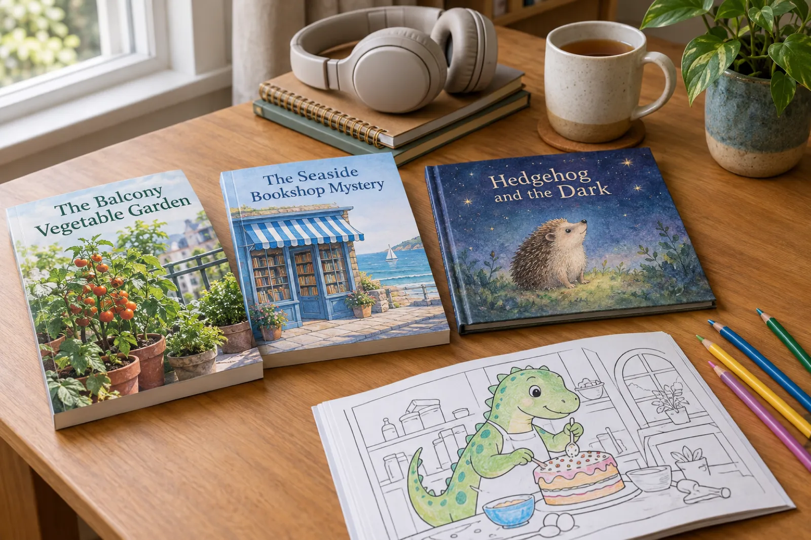 A honey oak desk by a window with four printed books laid out: a paperback titled The Balcony Vegetable Garden, a paperback novel titled The Seaside Bookshop Mystery, a picture book titled Hedgehog and the Dark, and a coloring book open at a half-colored dinosaur baking a cake, with colored pencils, headphones on a stack of notebooks and a mug of tea