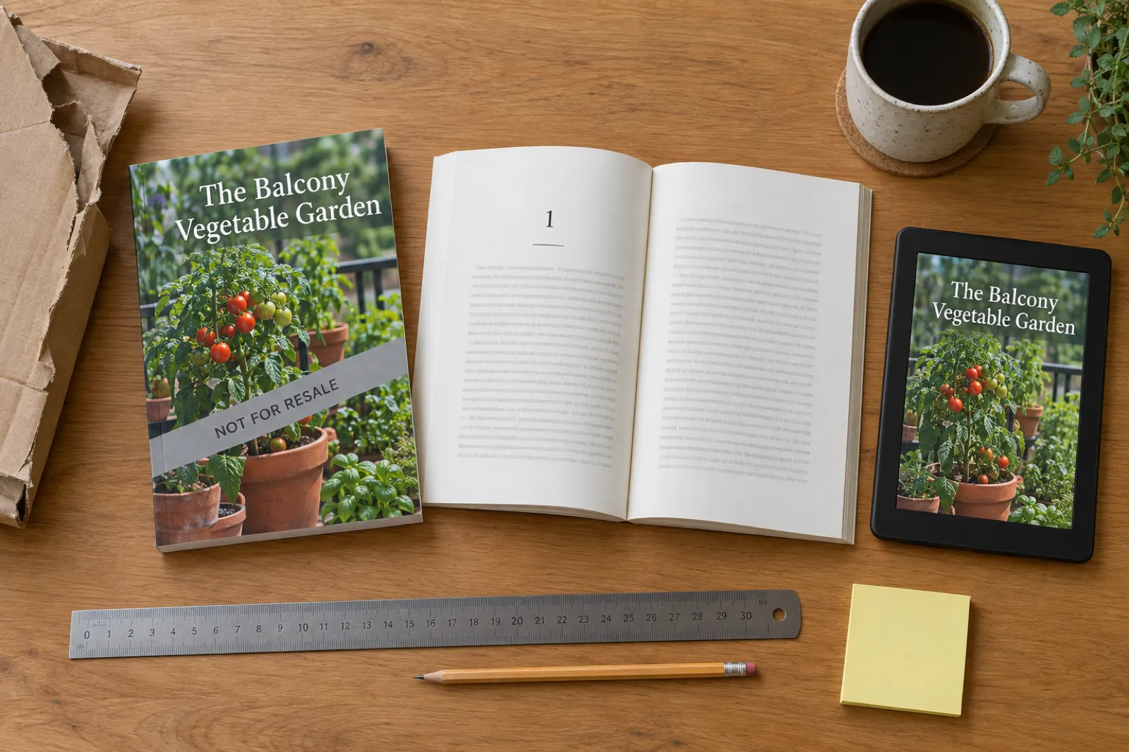A paperback proof of The Balcony Vegetable Garden with a grey Not For Resale band across the cover, beside its torn-open mailer box, an open copy showing a chapter opening, a steel ruler, a pencil, and an e-reader showing the same cover