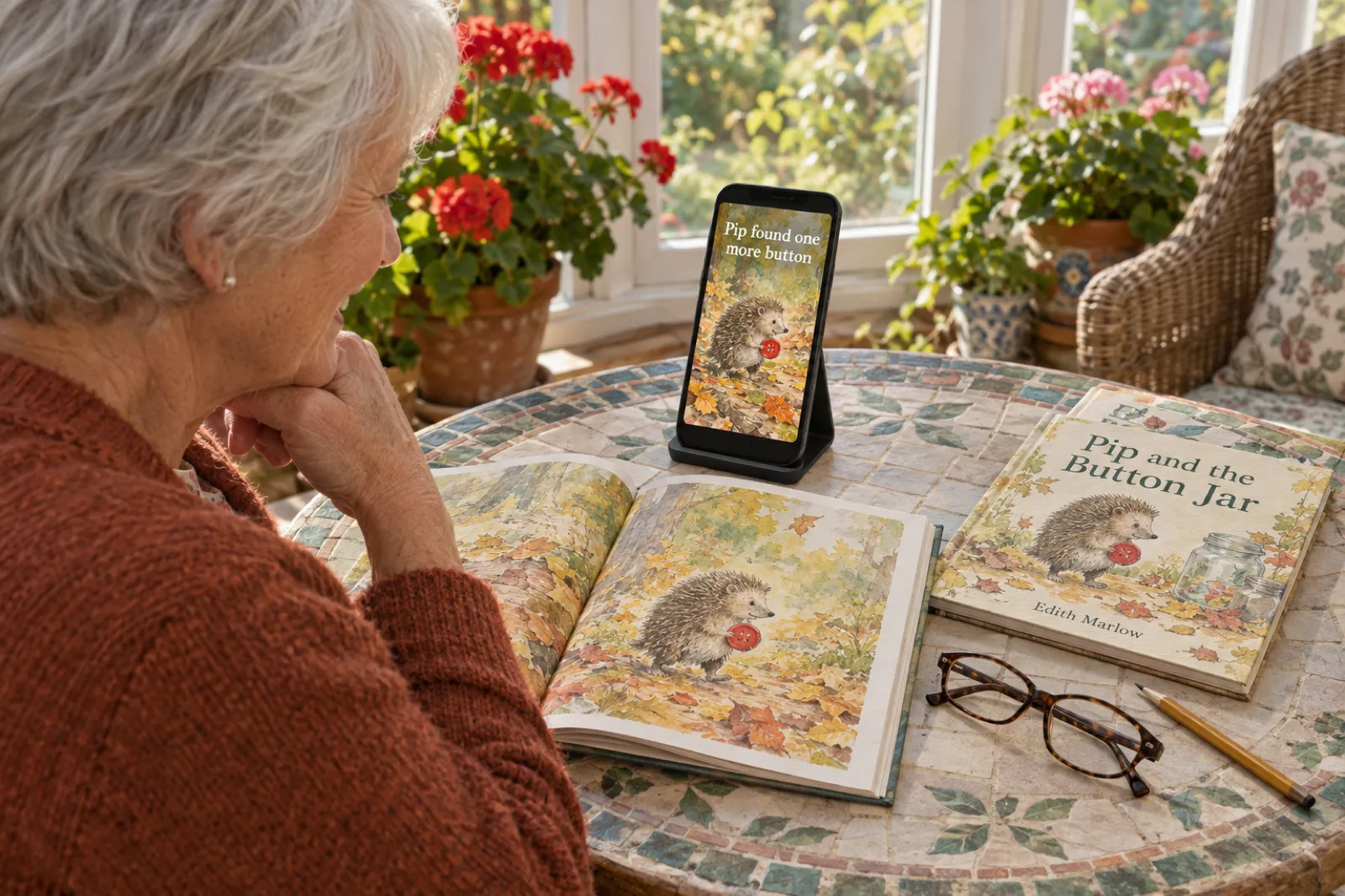 A grandmother in a rust cardigan at a mosaic table in a sunny conservatory smiles at a phone on a stand playing a vertical video of a hedgehog carrying a red button, captioned Pip found one more button, beside her open picture book showing the same illustration and a closed copy titled Pip and the Button Jar by Edith Marlow.