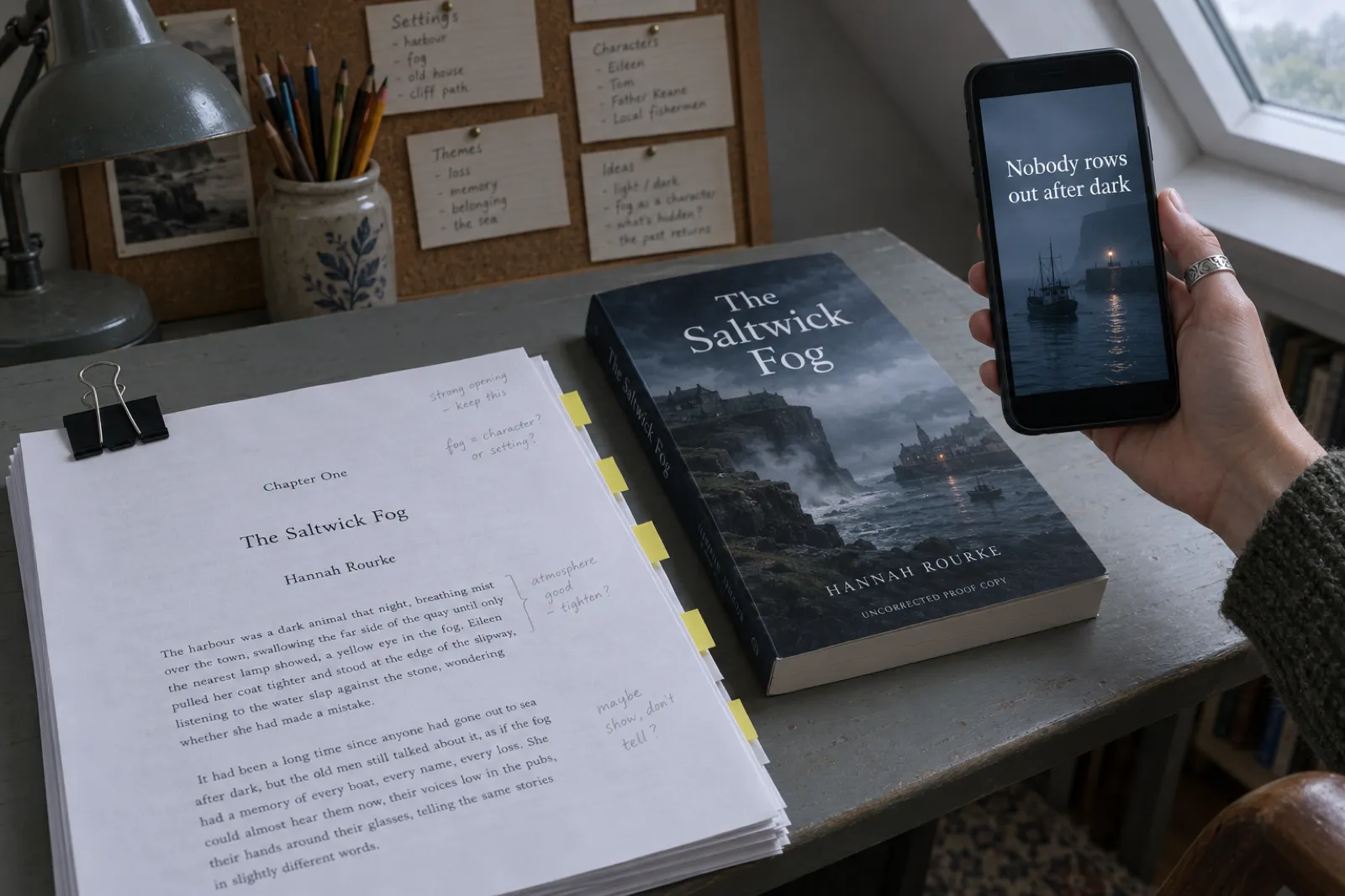 On a grey painted desk in an attic study, a clip-bound printed proof of The Saltwick Fog by Hannah Rourke with pencil notes and yellow tabs lies beside the paperback proof with a stormy sea-cliff cover, while a hand holds up a phone playing a vertical video of a misty harbour at night captioned Nobody rows out after dark.