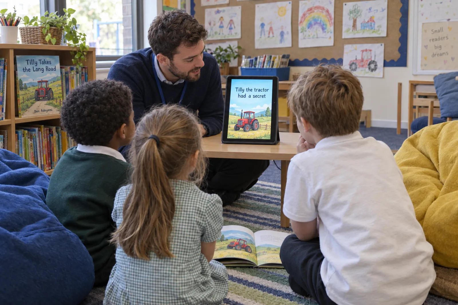 In a primary school reading corner, a teacher in a navy jumper kneels at a low table where a tablet on a stand plays a vertical video of a red tractor in a field captioned Tilly the tractor had a secret, while three young children watch from the rug beside the open picture book; a copy of Tilly Takes the Long Road by Ben Adeyemi stands on the shelf.