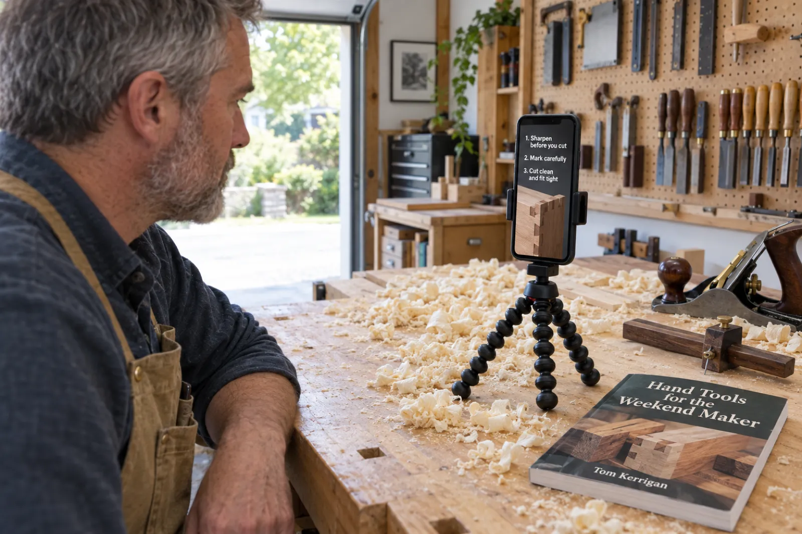 In a garage woodworking shop with tools on a pegboard, a grey-bearded man in a canvas apron looks at a phone in a small flexible tripod on a bench covered in wood shavings; the phone shows three numbered woodworking tips over a dovetail joint, and his paperback Hand Tools for the Weekend Maker by Tom Kerrigan lies beside a hand plane and a marking gauge.