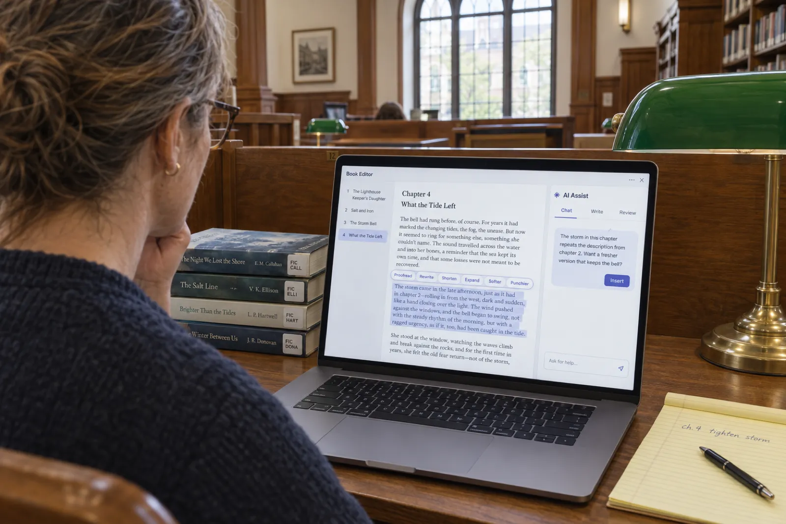 Over the shoulder of a writer in a library carrel: the editor shows chapter 4, What the Tide Left, with a highlighted paragraph and a toolbar reading Proofread, Rewrite, Shorten, Expand, Softer, Punchier; the AI Assist panel suggests a fresher version of a repeated storm description