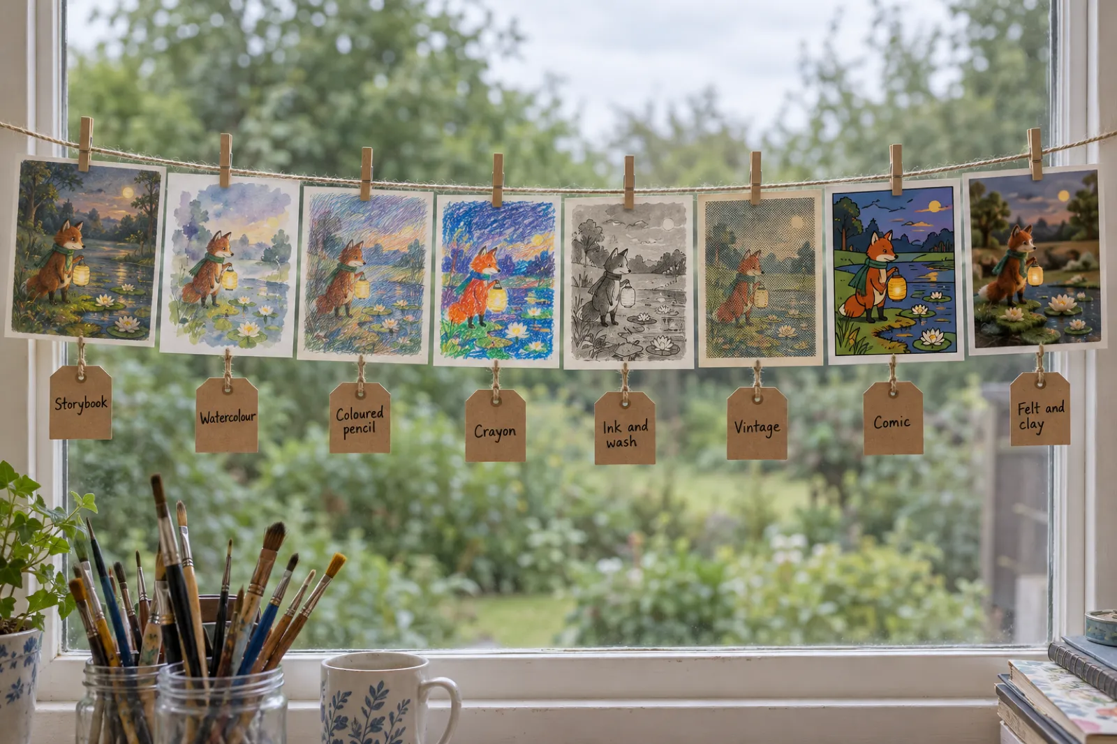 Eight prints of the same fox holding a lantern by a lily pond, pegged on a line across a studio window, labelled Storybook, Watercolour, Coloured pencil, Crayon, Ink and wash, Vintage, Comic, and Felt and clay