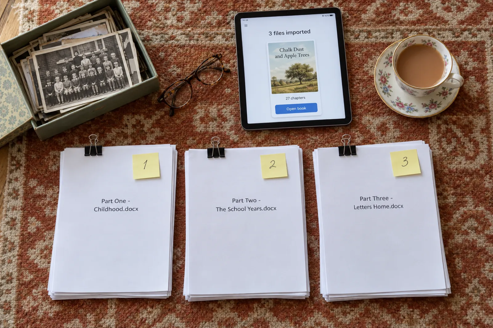 Three printed drafts on a rug labelled Part One - Childhood.docx, Part Two - The School Years.docx and Part Three - Letters Home.docx, numbered 1 to 3, beside a tablet showing 3 files imported into one book, Chalk Dust and Apple Trees, 27 chapters