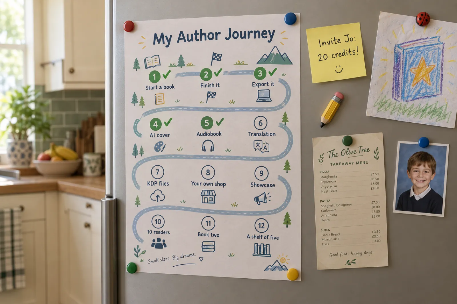 A printed My Author Journey poster on a fridge with twelve milestones: Start a book, Finish it, Export it, AI cover and Audiobook ticked, then Translation, KDP files, Your own shop, Showcase, 10 readers, Book two and A shelf of five, beside a sticky note reading Invite Jo: 20 credits!