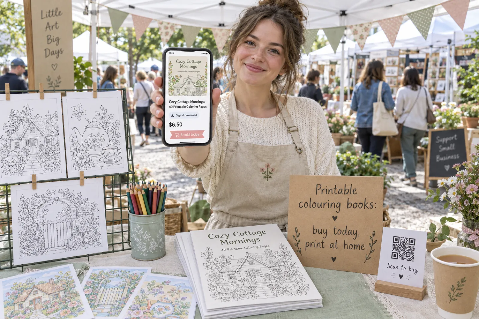 A seller at a weekend craft market holds up her phone showing a listing for Cozy Cottage Mornings: 40 Printable Coloring Pages, digital download, $6.50, 3 sold today, beside printed sample pages and a sign reading printable colouring books: buy today, print at home