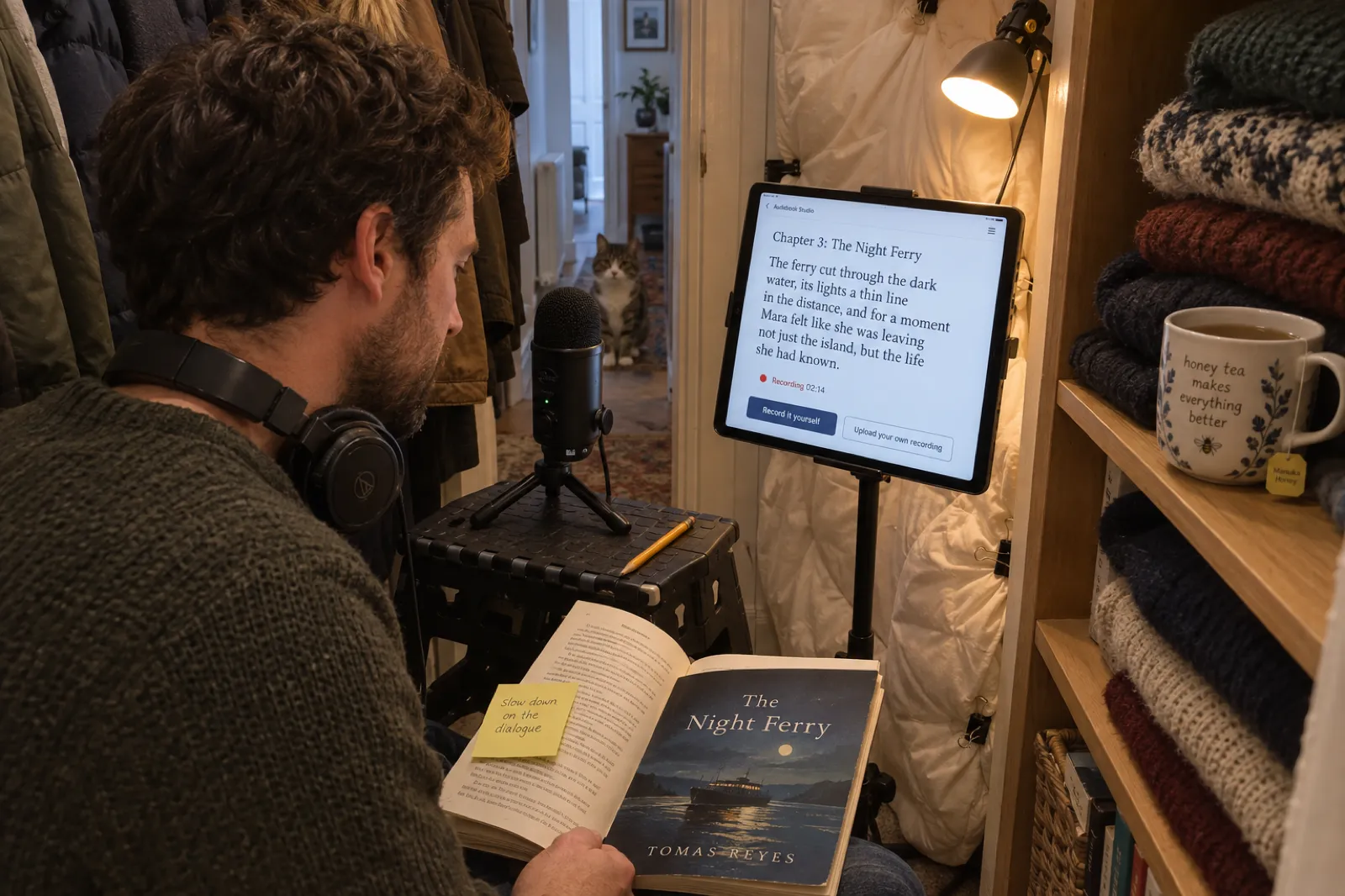 A man records an audiobook in a hallway wardrobe lined with coats and a duvet, reading into a USB microphone from a tablet showing Chapter 3: The Night Ferry with Recording 02:14 and the buttons Record it yourself and Upload your own recording