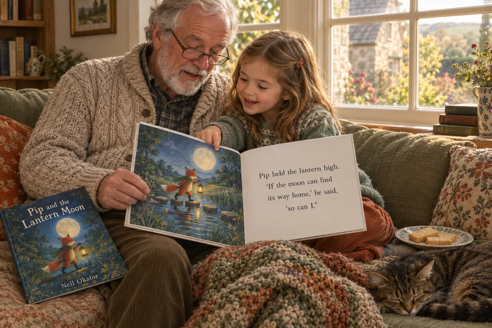 A grandfather reads the printed picture book Pip and the Lantern Moon by Nell Okafor to his granddaughter on a window seat; the open spread shows a fox crossing stepping stones under a full moon and the line Pip held the lantern high