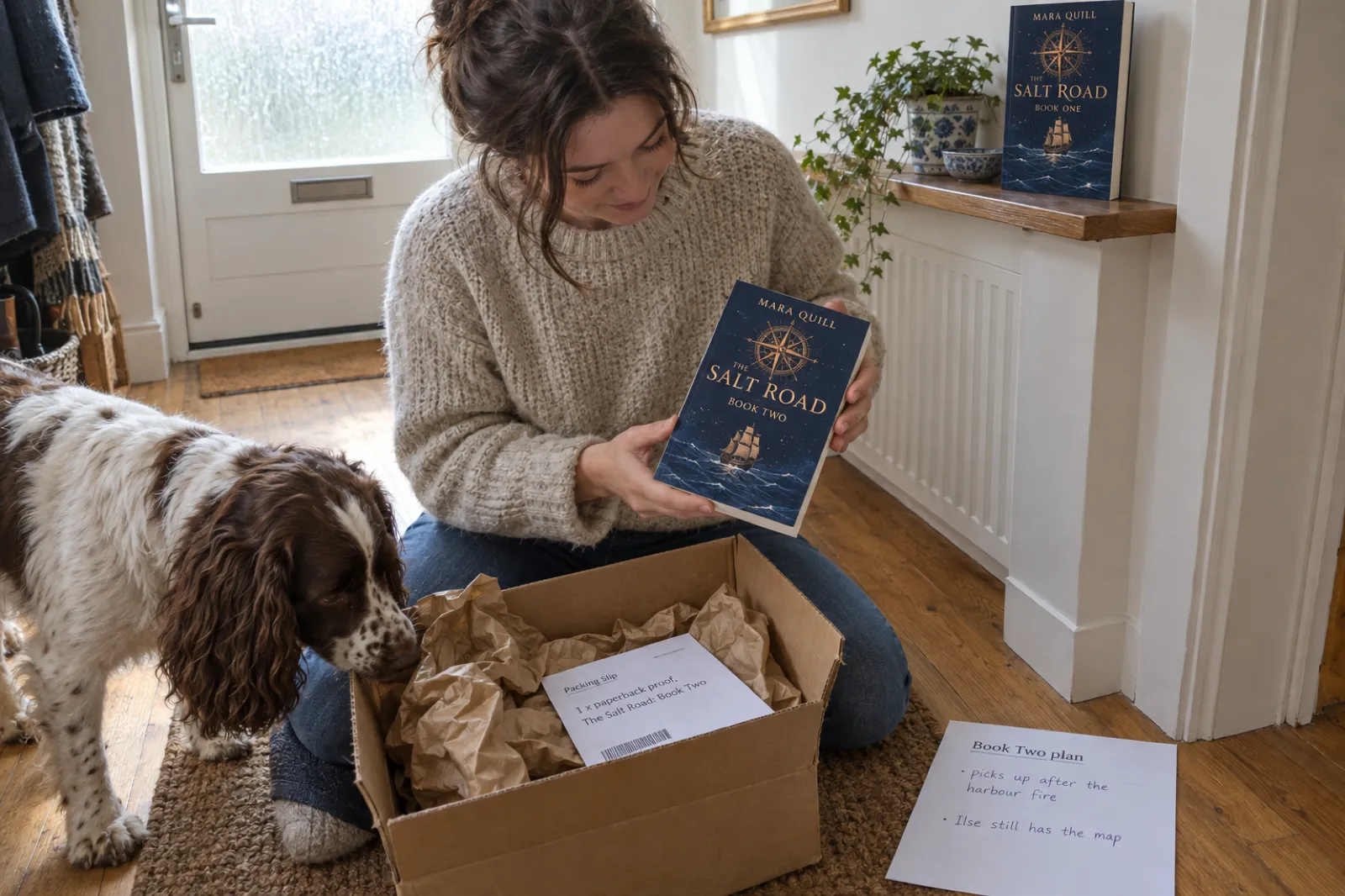 A writer kneels in her hallway lifting the paperback proof of The Salt Road: Book Two by Mara Quill out of a parcel, with The Salt Road: Book One face out on the shelf behind her and a printed Book Two plan on the floor