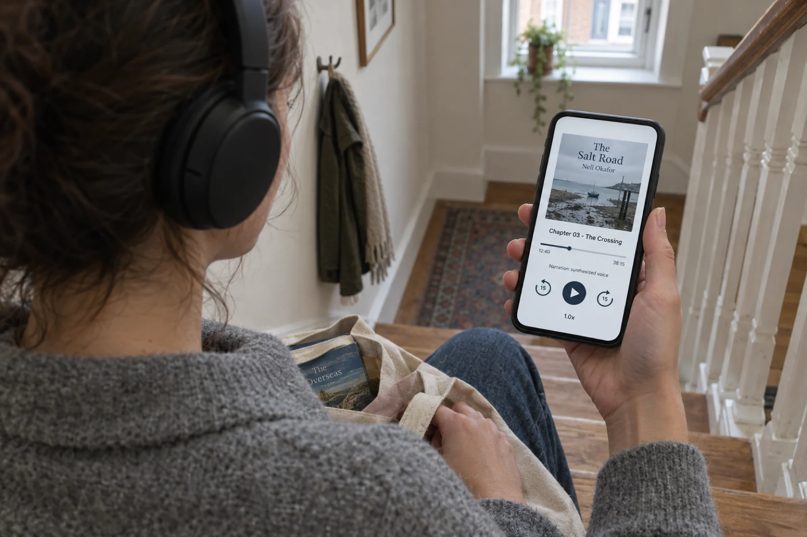 A listener in headphones sits on a staircase holding a phone that plays The Salt Road by Nell Okafor, Chapter 03 - The Crossing, at 12:40 of 38:15, with a line reading Narration: synthesized voice under the progress bar.