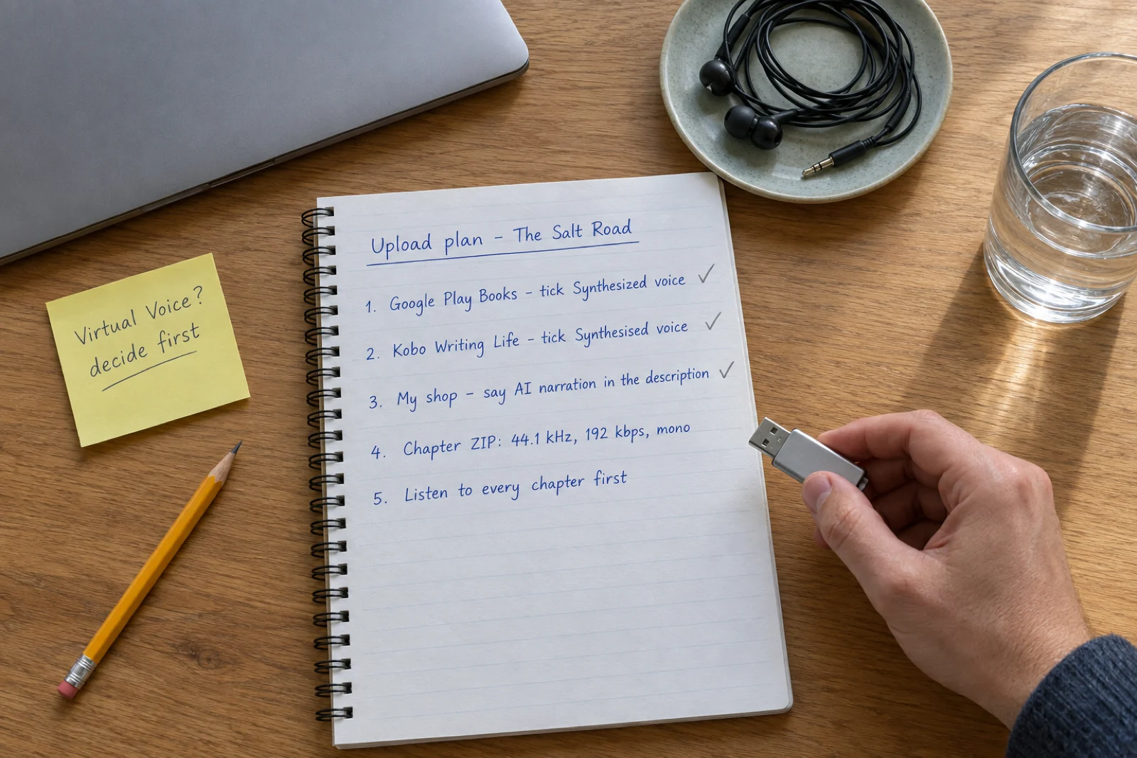 A handwritten upload plan for The Salt Road in a spiral notebook: Google Play Books, tick Synthesized voice; Kobo Writing Life, tick Synthesised voice; my shop, say AI narration in the description; chapter ZIP at 44.1 kHz, 192 kbps, mono; listen to every chapter first. A sticky note beside it reads Virtual Voice? decide first, and a hand holds a USB stick.
