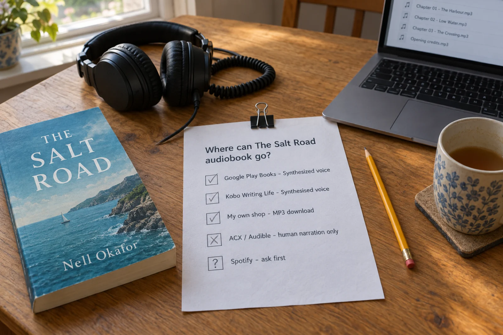 A printed checklist clipped on a kitchen table, headed Where can The Salt Road audiobook go?, with ticks against Google Play Books - Synthesized voice, Kobo Writing Life - Synthesised voice and My own shop - MP3 download, a cross against ACX / Audible - human narration only, and a question mark against Spotify - ask first. Beside it lie headphones, the paperback The Salt Road by Nell Okafor, a pencil, a mug of tea and a laptop listing Chapter 01 - The Harbour.mp3, Chapter 02 - Low Water.mp3, Chapter 03 - The Crossing.mp3 and Opening credits.mp3.