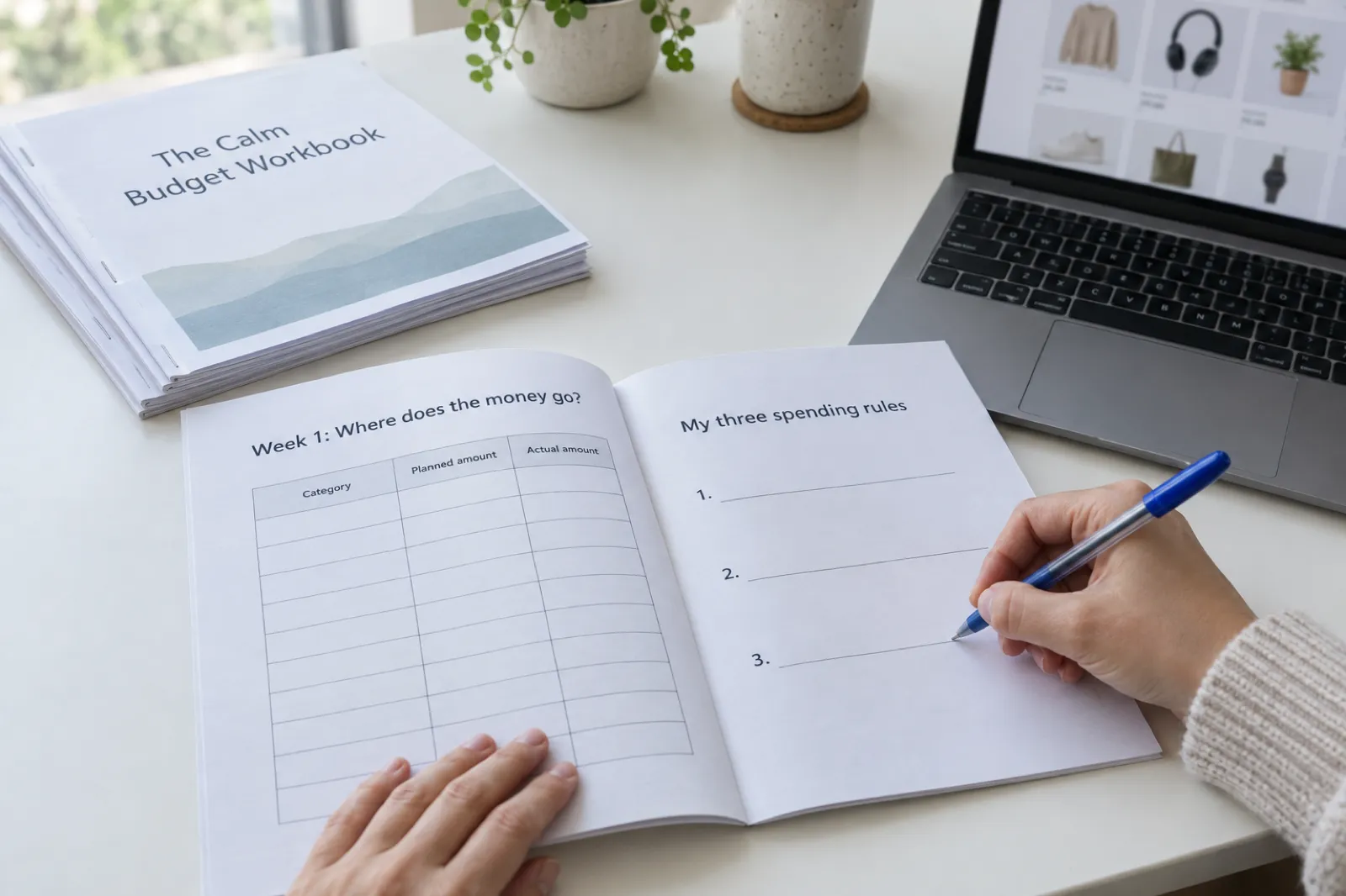A hand with a blue pen fills in a printed worksheet headed Week 1: Where does the money go? in an open A4 workbook, beside a stapled copy titled The Calm Budget Workbook and a laptop showing a blurred shop page