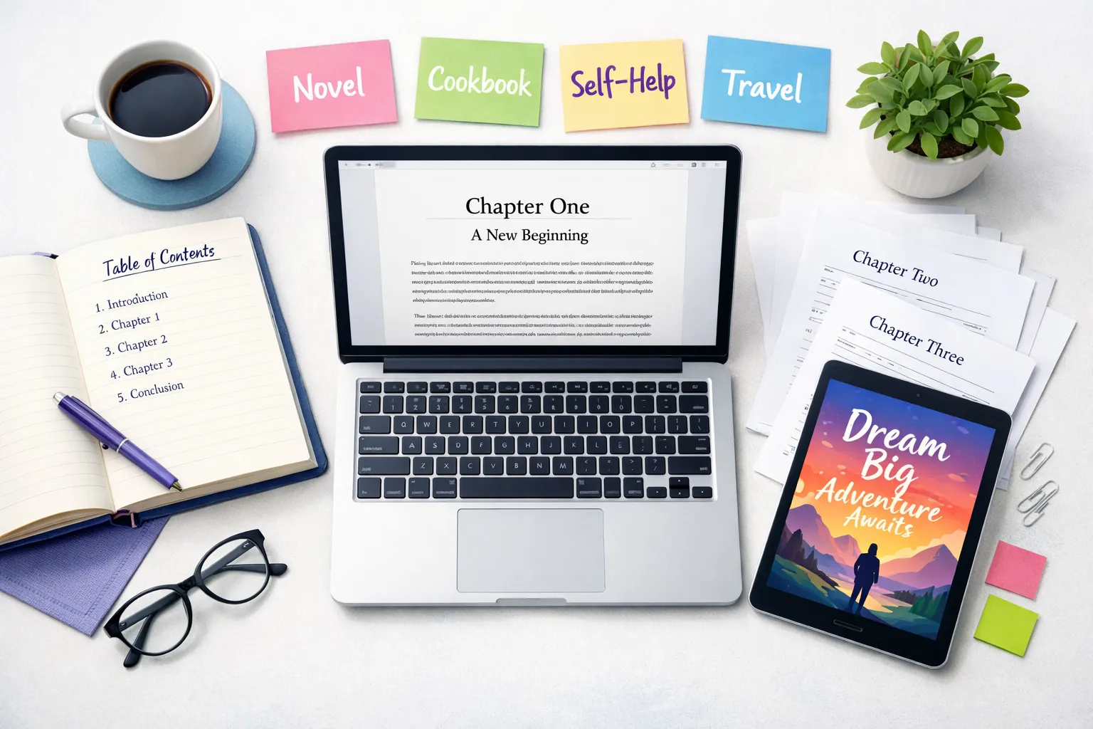 Book writing overview workspace with chapter on laptop, cover design on tablet, outline notebook, and genre sticky notes - write a book with AI