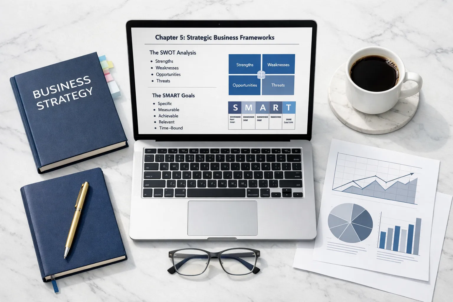 Business book writing workspace with strategy frameworks on laptop, tabbed hardcover, charts, and navy notebook - AI business book writing