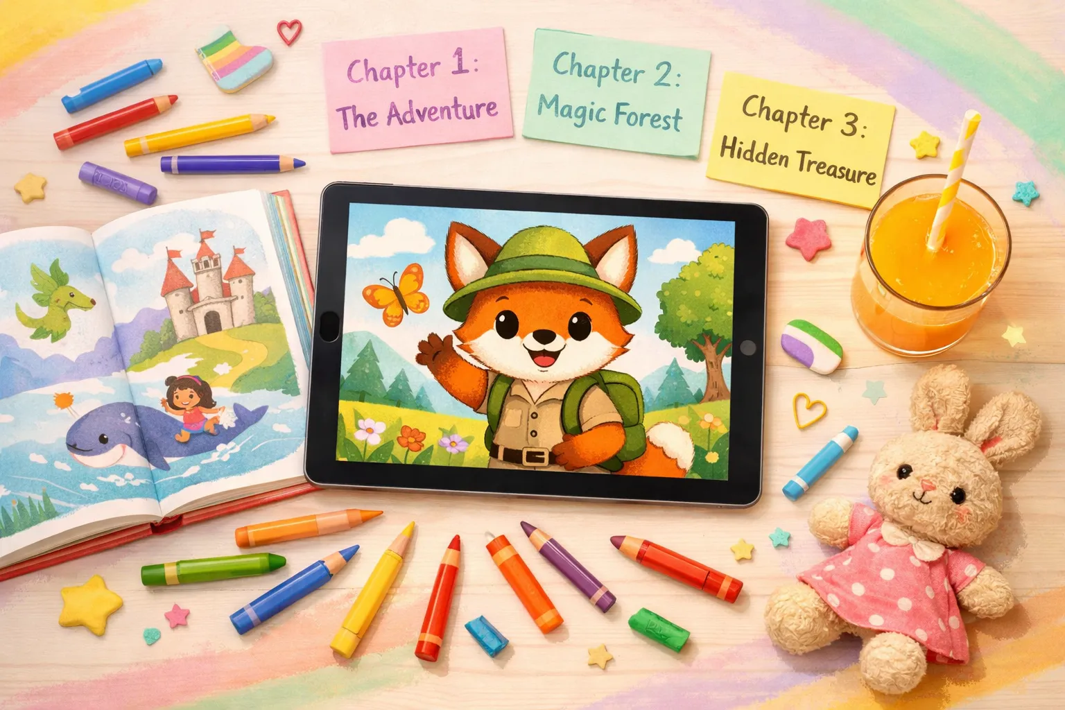 Children's book illustration desk with cartoon character on tablet, coloured pencils, picture book, and pastel chapter notes - AI children's book writing