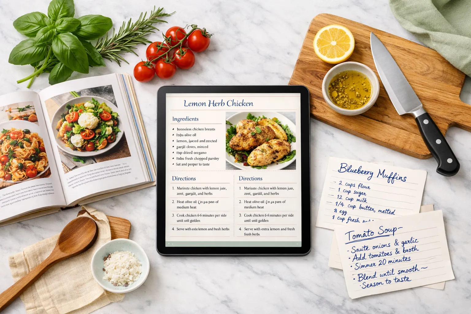 Cookbook writing flat lay with recipe on tablet, open cookbook, fresh herbs, cutting board, and handwritten recipe cards - AI cookbook writing