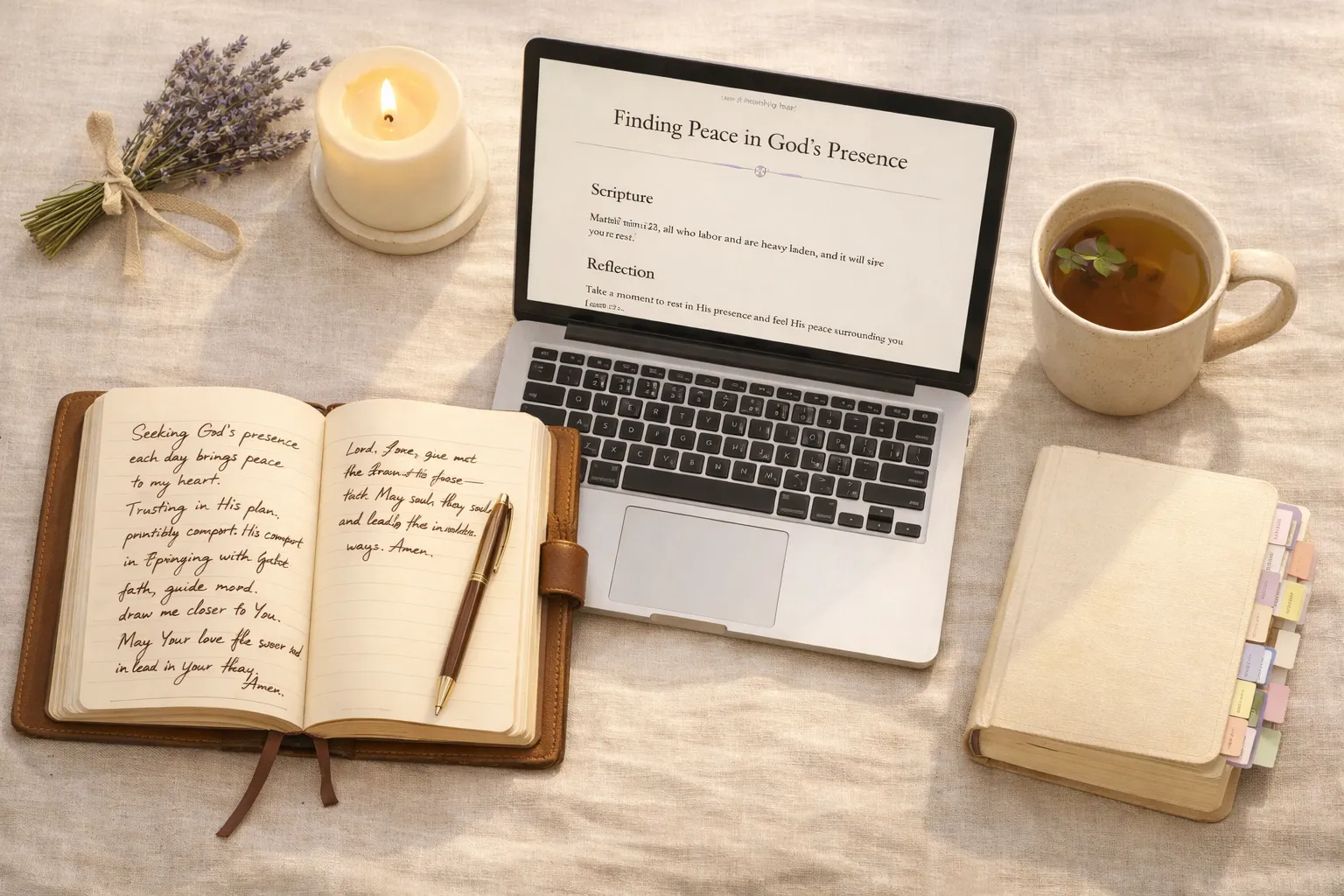 Devotional writing workspace with leather journal, scripture on laptop, candle, lavender, and tabbed Bible - AI devotional book writing