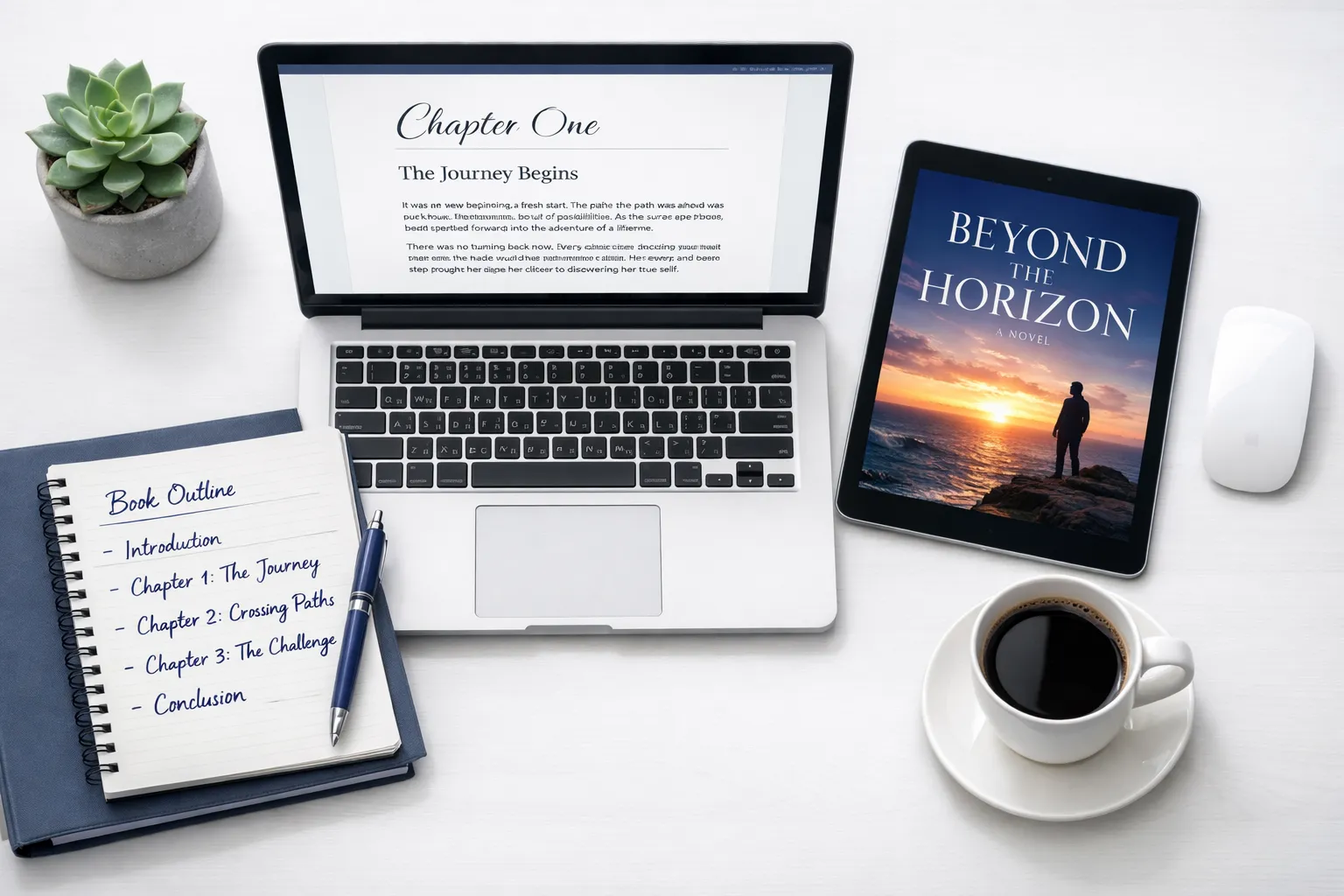 Ebook publishing workspace with formatted chapter on laptop, cover design on tablet, content outline notebook, and coffee - AI ebook writing