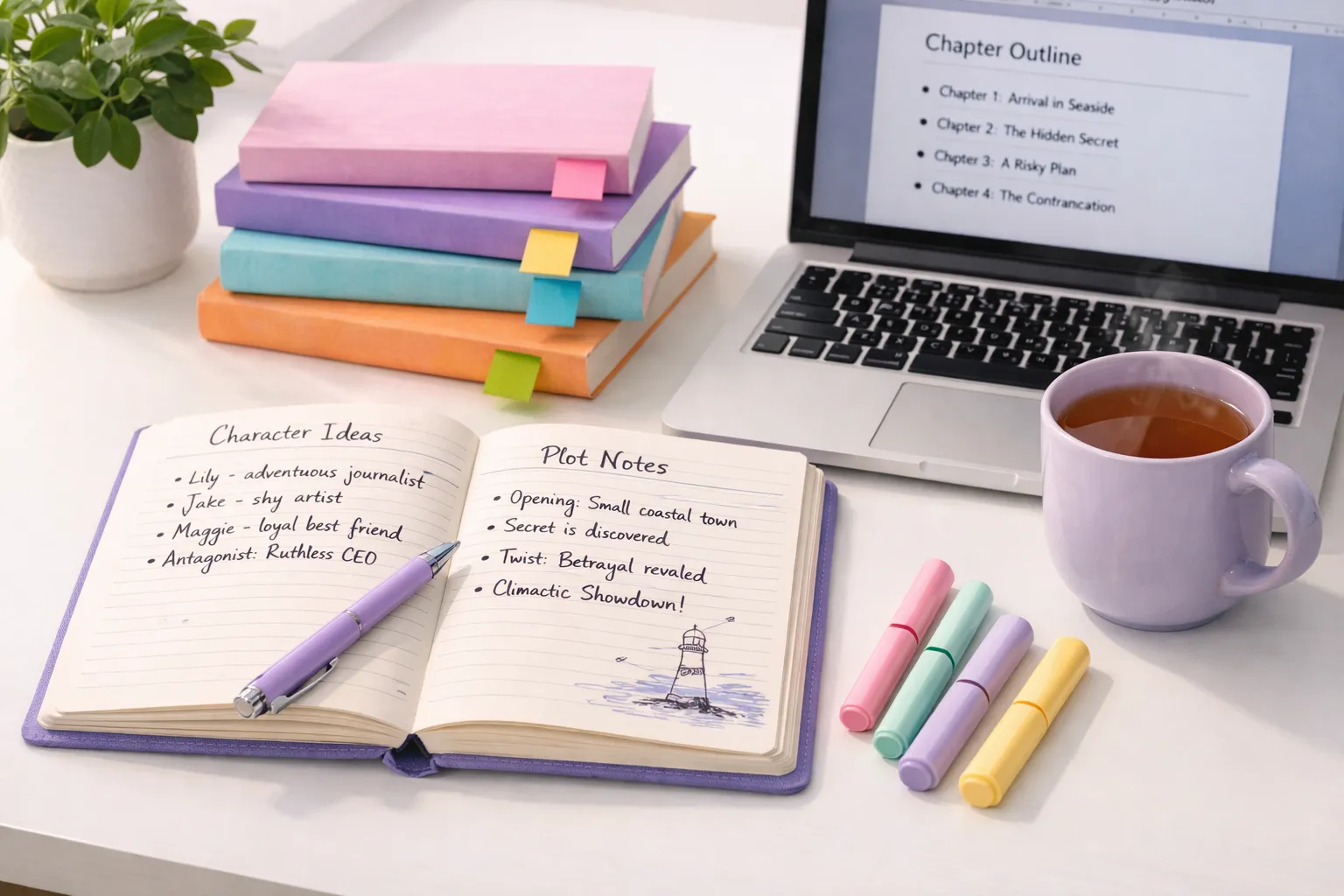 Creative fiction writing workspace with character sketches, chapter outline on laptop, stacked novels, and tea - AI fiction book writing