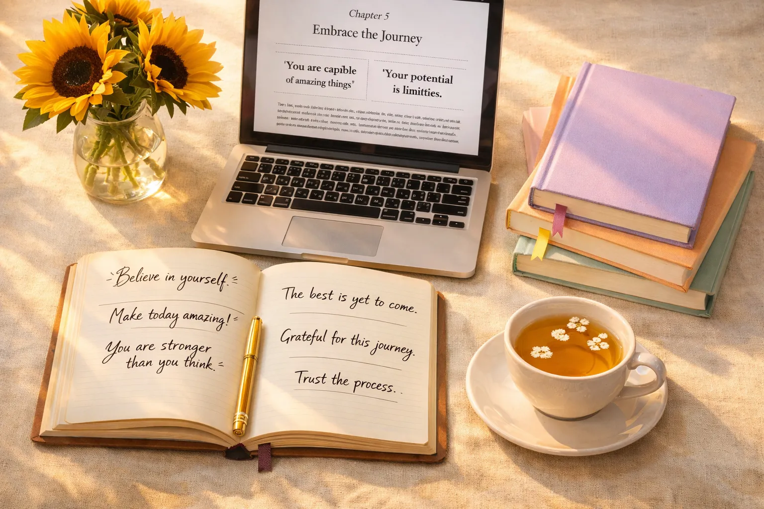 Inspirational book writing desk with motivational journal, book chapter on laptop, sunflowers, and stacked self-improvement books - AI inspirational book writing