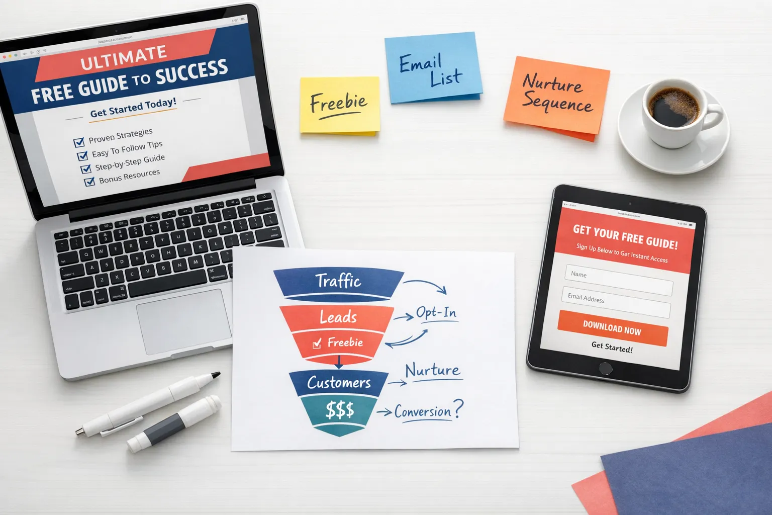 Lead magnet marketing workspace with PDF checklist on laptop, email opt-in on tablet, funnel diagram, and strategy notes - AI lead magnet writing