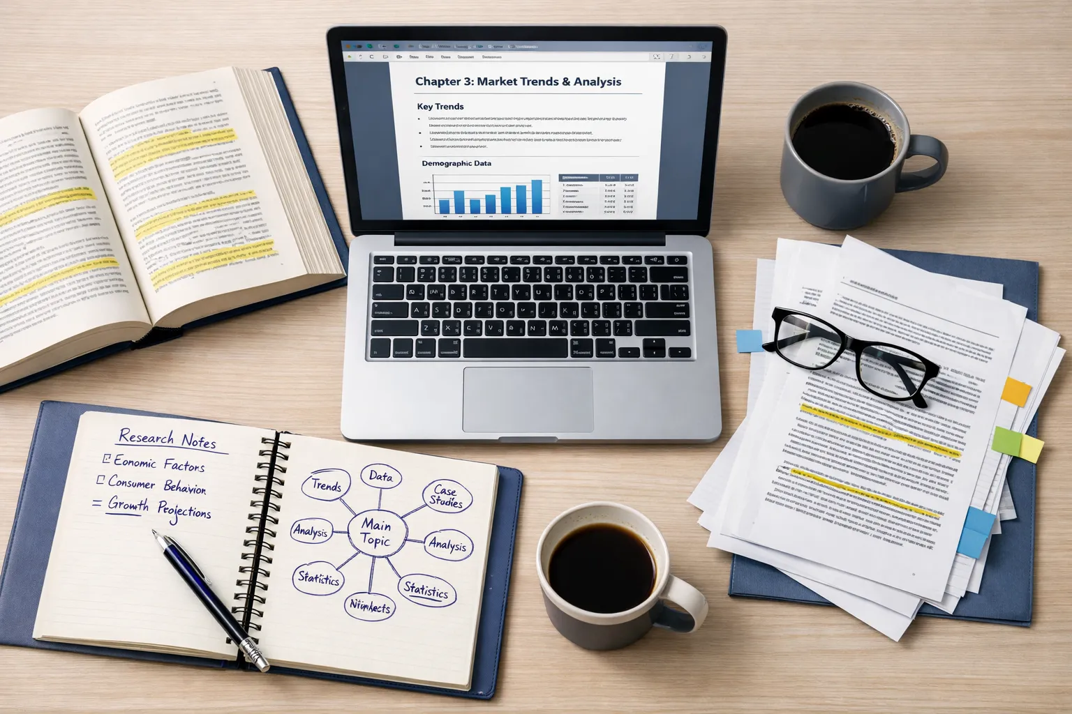 Nonfiction book research desk with structured chapter on laptop, highlighted reference book, research notes, and journal articles - AI nonfiction book writing