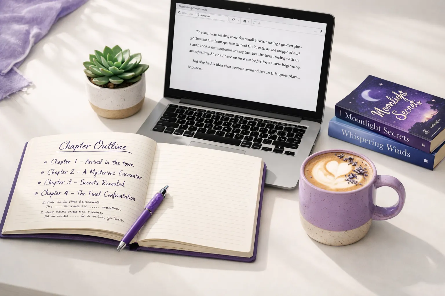 Writer's desk with a novel manuscript notebook, chapter outline, laptop showing prose editor, and stacked paperback novels - AI novel writing workspace