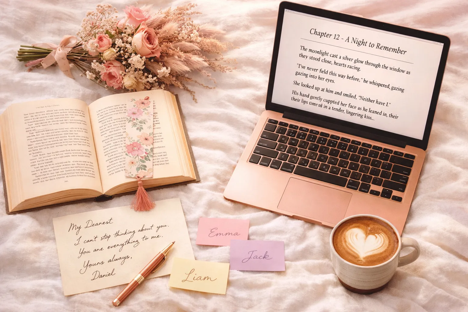 Romance novel writing aesthetic with floral bookmark, love story chapter on laptop, dried flowers, and character notes - AI romance novel writing
