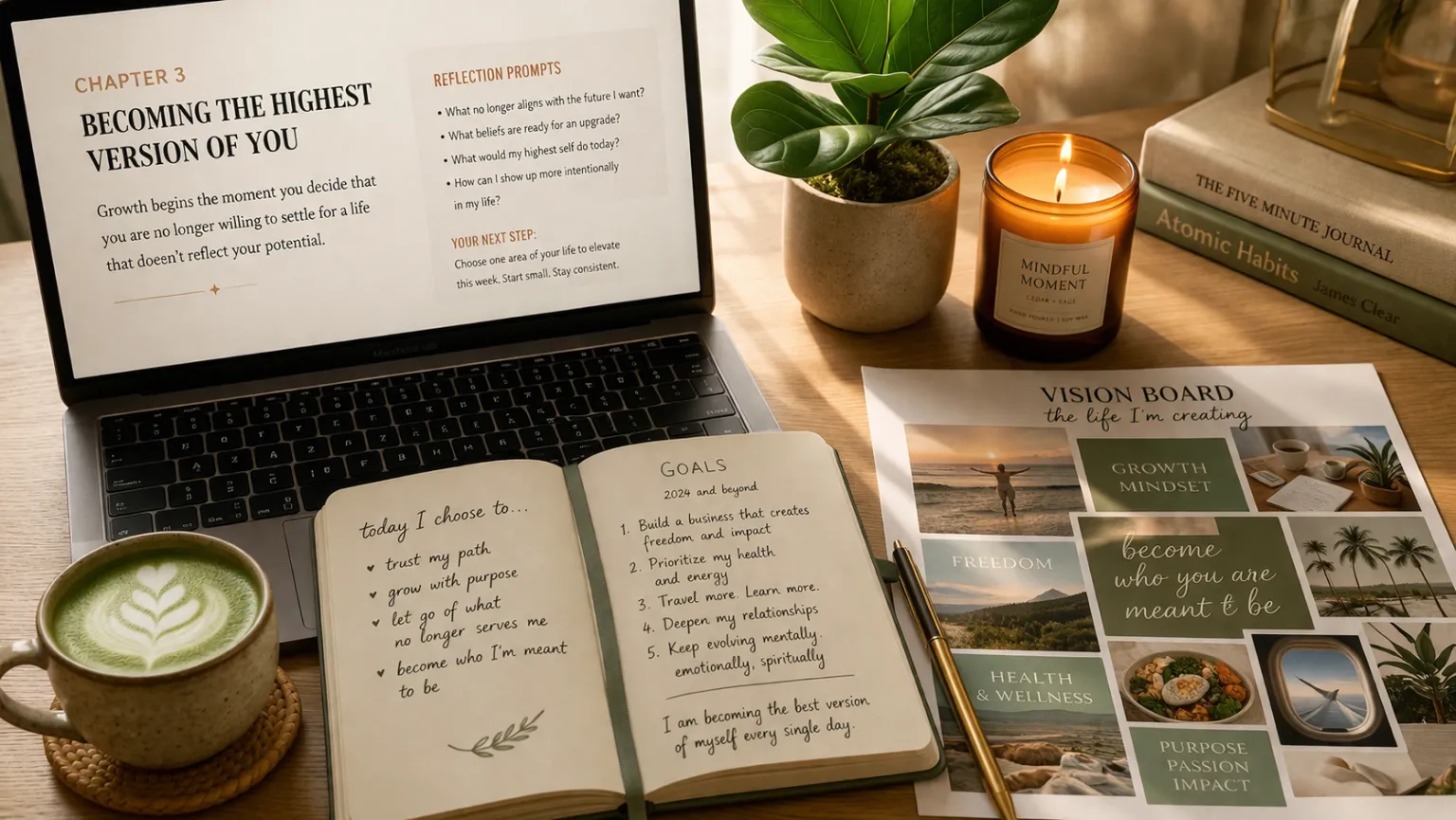 Self-help book writing workspace with transformational chapter on laptop, affirmation journal, vision board, and matcha latte - AI self-help book writing