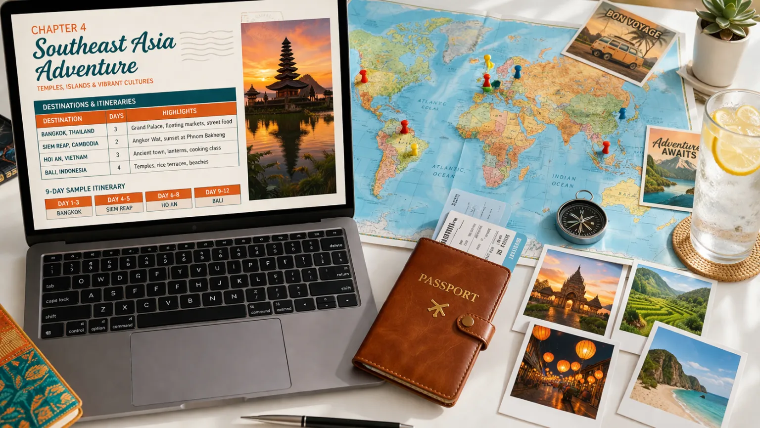 Travel guide writing workspace with itinerary on laptop, pinned world map, passport, polaroid photos, and compass - AI travel guide writing