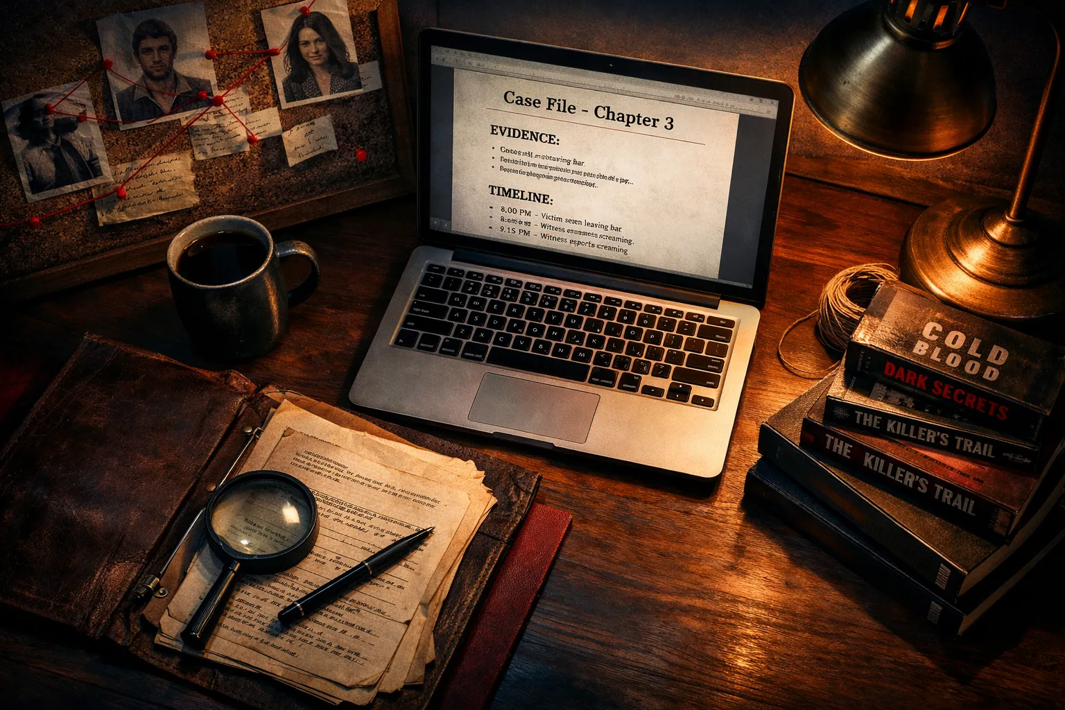 True crime book investigation desk with case file on laptop, evidence board with red thread, case notes, and magnifying glass - AI true crime book writing