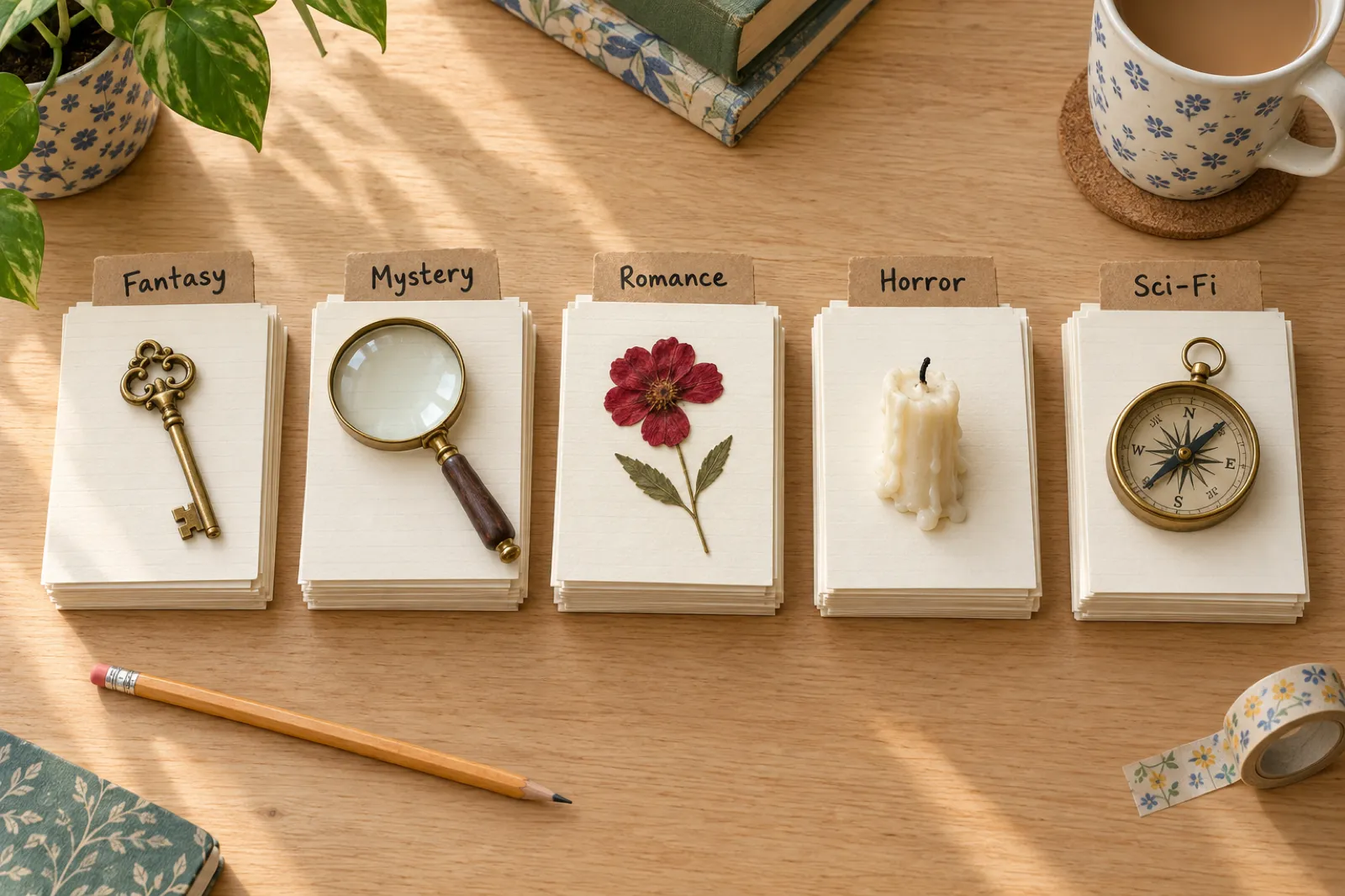 Five piles of index cards on a light oak desk with kraft tabs handwritten Fantasy, Mystery, Romance, Horror and Sci-Fi, topped with a brass key, a magnifying glass, a pressed red flower, a melted candle stub and a brass compass.