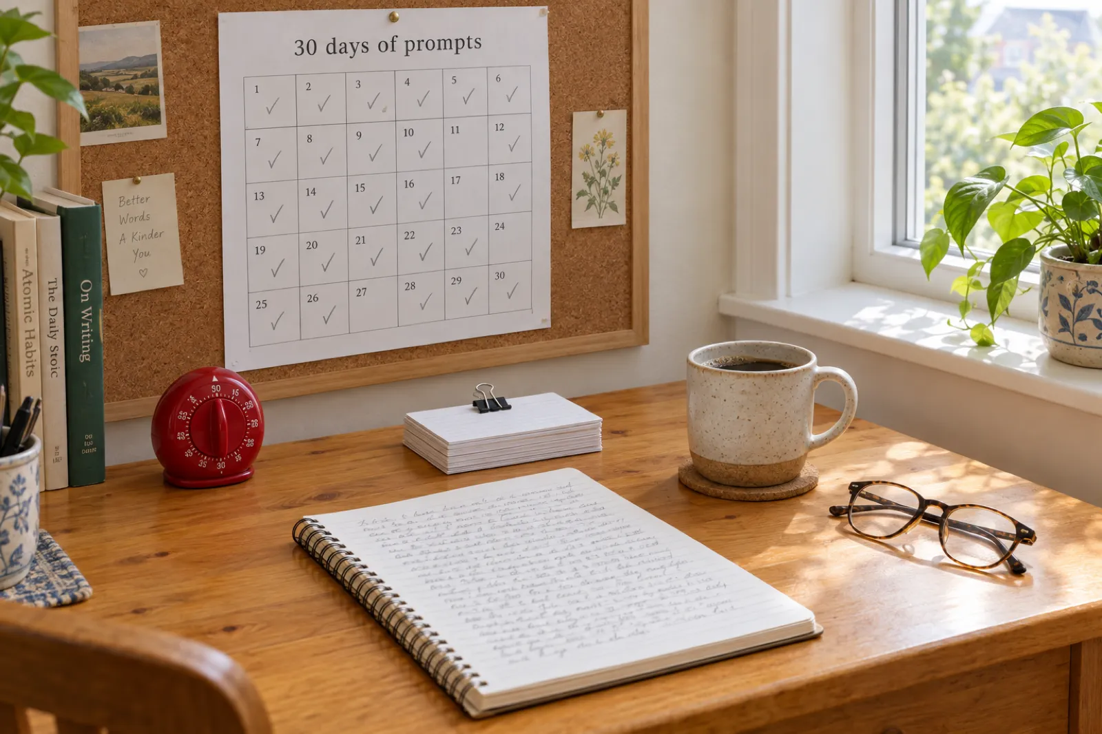 A desk corner by a sunny window with a '30 days of prompts' tracker pinned to a cork board, most of its 30 squares ticked in pencil, a red kitchen timer, a spiral notebook with a full handwritten page, a clipped stack of index cards, a mug of coffee and reading glasses.