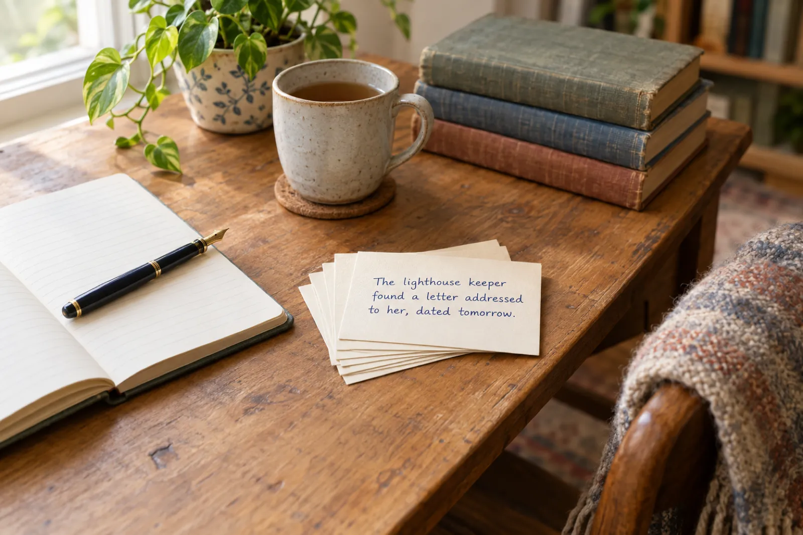 A stack of cream index cards on a wooden desk by a window, the top card handwritten in blue ink: The lighthouse keeper found a letter addressed to her, dated tomorrow. Beside it an open notebook with a fountain pen, a mug of tea, a potted plant and three old cloth-bound books.
