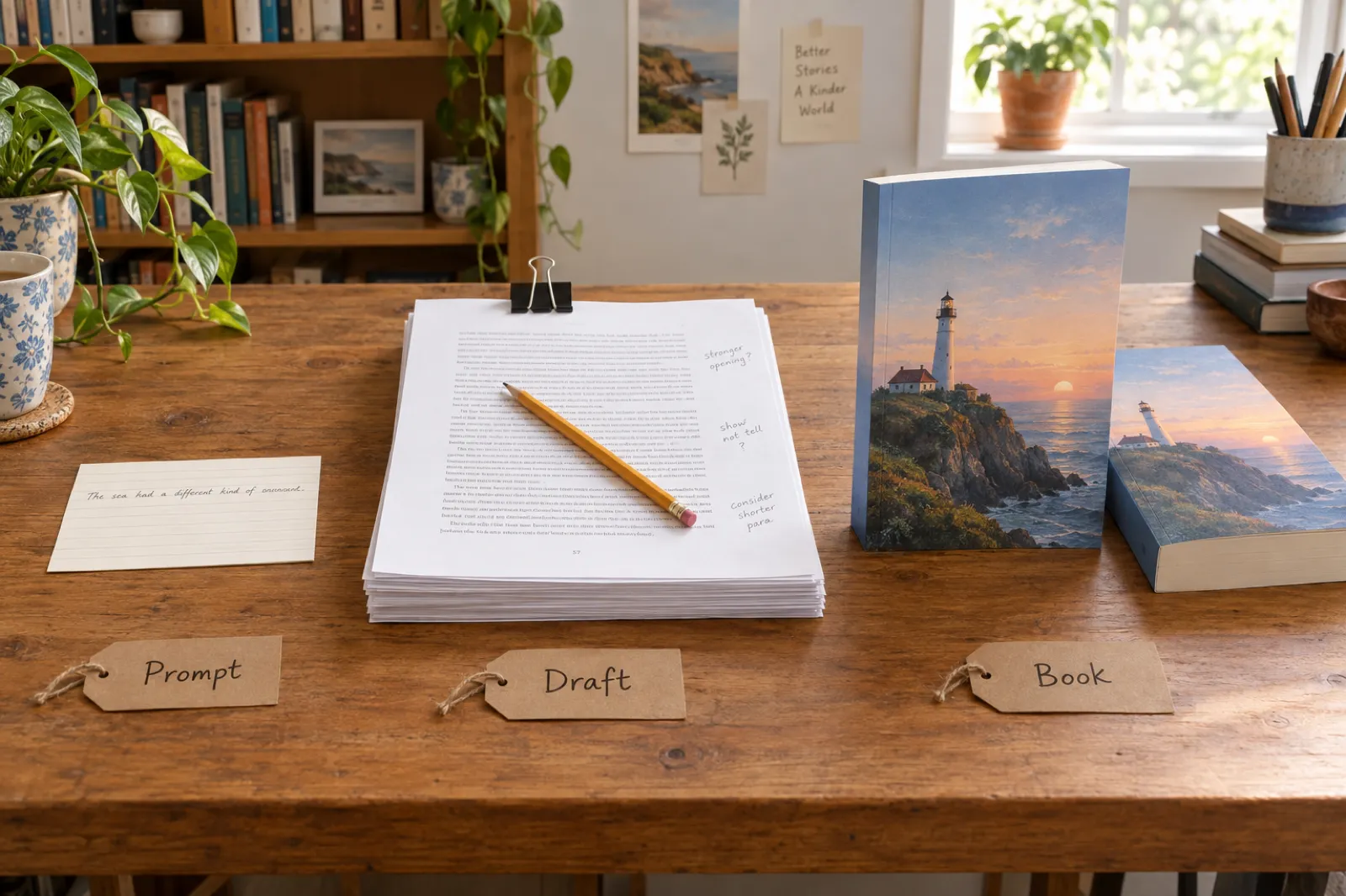Three stages laid out on a long wooden desk with kraft tags reading Prompt, Draft and Book: a single handwritten index card, a clipped stack of manuscript pages with pencil notes in the margin, and two copies of a paperback with a lighthouse on its cover.