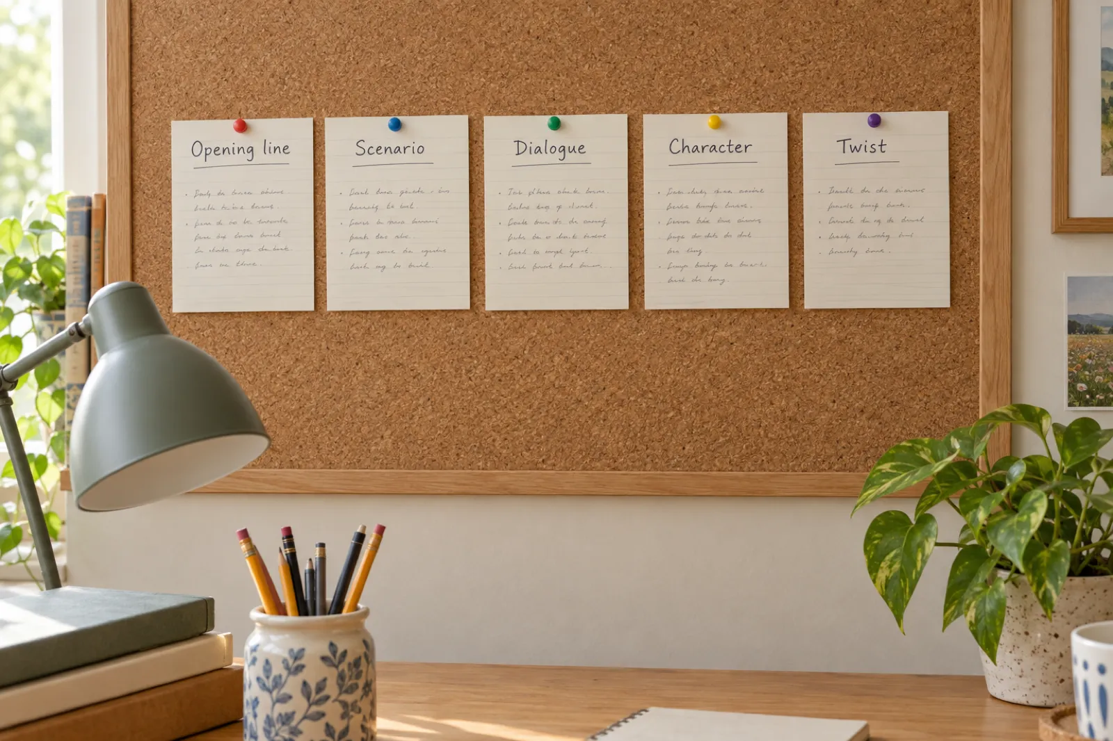 Five index cards pinned in a row on a cork board above a writing desk, headed in handwriting: Opening line, Scenario, Dialogue, Character, Twist. A grey desk lamp, a jar of pencils and a potted plant sit below.