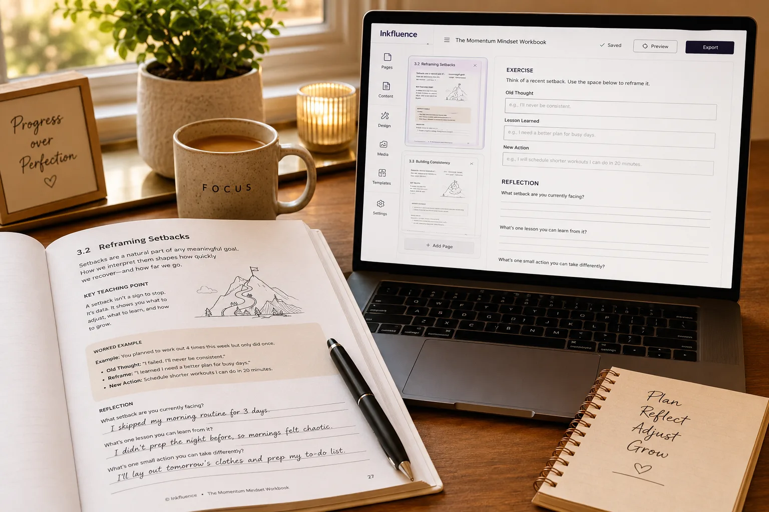 A coach's desk in warm light: a printed workbook titled The Momentum Mindset Workbook open to a section called Reframing Setbacks with a key teaching point, a worked example, and handwritten reflection answers, beside a laptop showing the Inkfluence editor with an Exercise and Reflection prompts, and a coffee mug reading Focus.