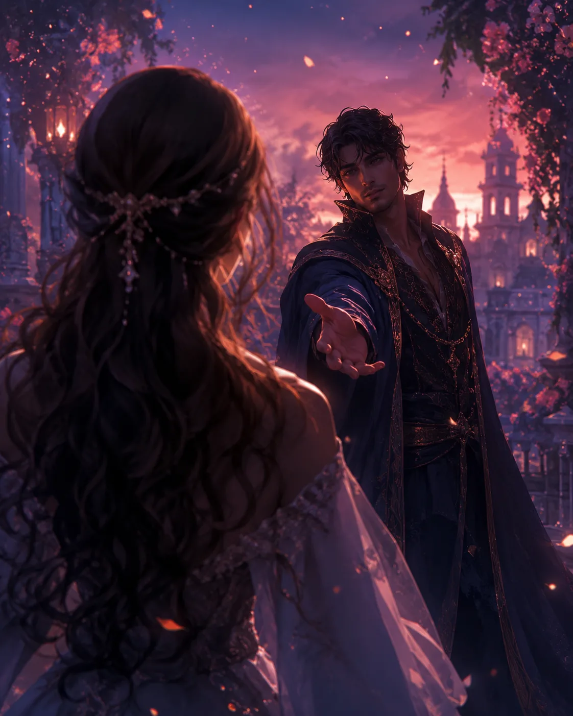 A back-view of an ambiguous reader-character facing an original character who reaches toward them in a softly lit story-world, representing a second-person x-reader fic where you are the main character.