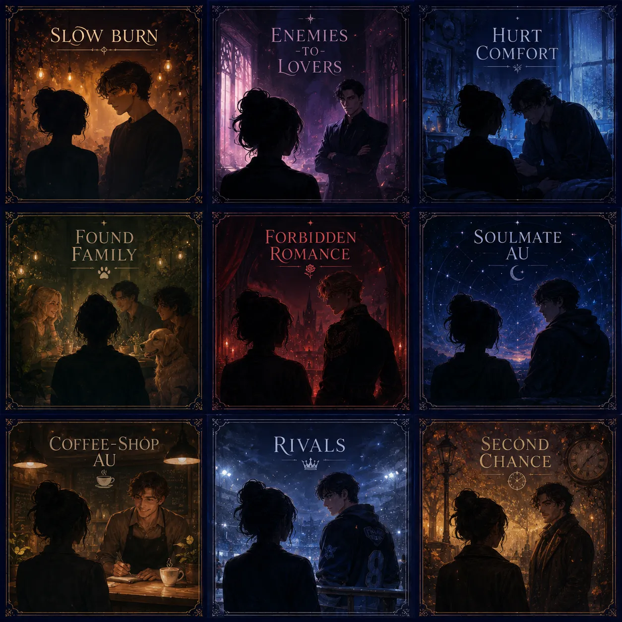 A grid of original reader-insert story moods shown as glowing tiles, from slow burn to hurt/comfort, representing the range of x-reader tropes the generator writes.